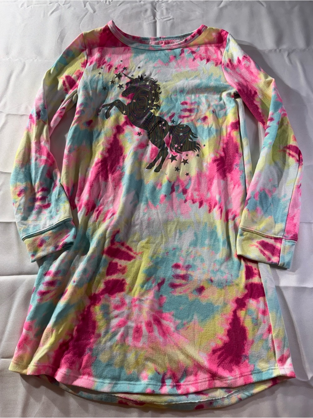 SO Medium Girls Tie-Dye Unicorn Nightshirt - Pink, Teal & Yellow